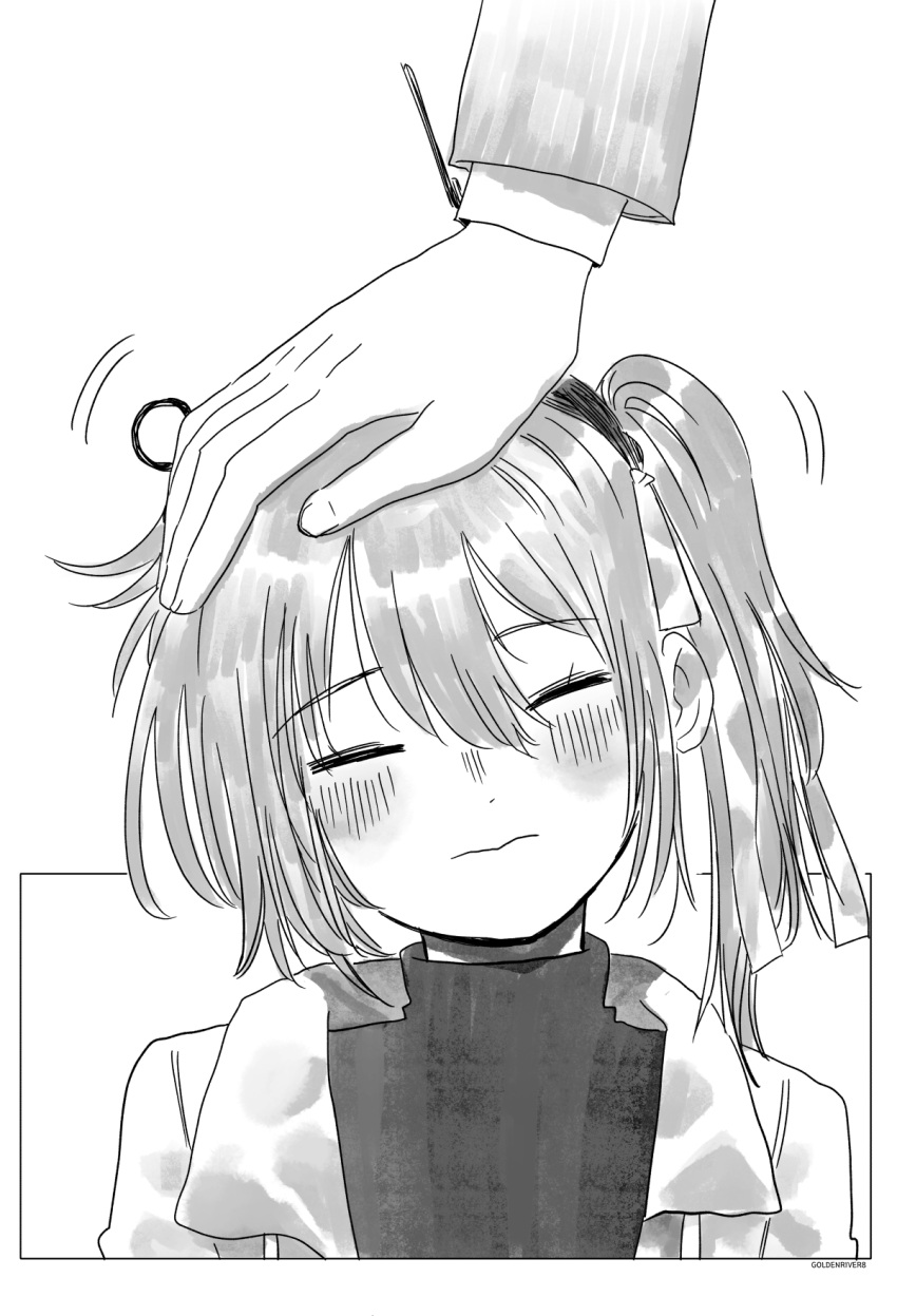 1boy 1girl :&gt; a.i._voice adachi_rei artist_name blush closed_eyes closed_mouth commentary cropped_torso facing_viewer goldenriver8 greyscale hand_on_another's_head head_tilt headlamp headpat highres jacket long_hair long_sleeves monochrome open_clothes open_jacket out_of_frame radio_antenna side_ponytail simple_background solo_focus turtleneck utau