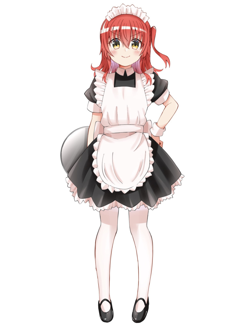 &gt;:) 1girl alternate_costume apron black_footwear black_shirt black_skirt blush bocchi_the_rock! closed_mouth commentary enmaided eyes_visible_through_hair frilled_apron frilled_skirt frills full_body hair_between_eyes hand_on_own_hip hellfire00001 highres holding holding_tray kita_ikuyo long_hair looking_at_viewer maid maid_apron maid_headdress mary_janes one_side_up pantyhose puffy_short_sleeves puffy_sleeves redhead sailor_collar shirt shoes short_sleeves simple_background skirt smile smug solo standing straight-on tray v-shaped_eyebrows white_apron white_background white_pantyhose white_sailor_collar yellow_eyes