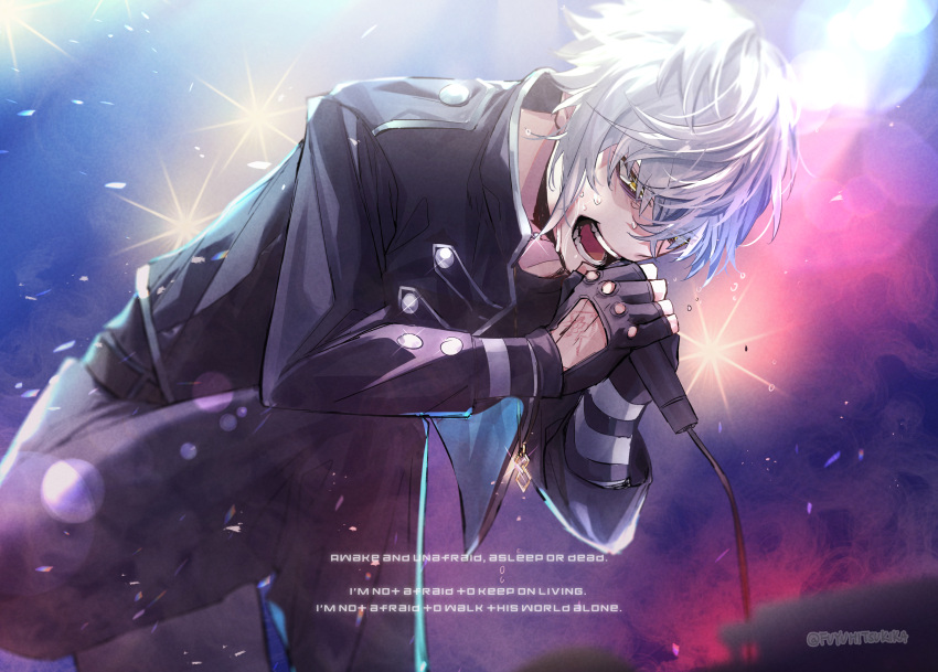 1boy absurdres alternate_costume bags_under_eyes black_gloves black_jacket black_pants command_spell fate/grand_order fate_(series) fingerless_gloves fuyuhi_tsukika glint gloves highres holding holding_microphone jacket jewelry kadoc_zemlupus knee_up lyrics male_focus microphone mixed-language_commentary multicolored_background music my_chemical_romance necklace open_mouth pants singing solo sweat twitter_username white_hair yellow_eyes
