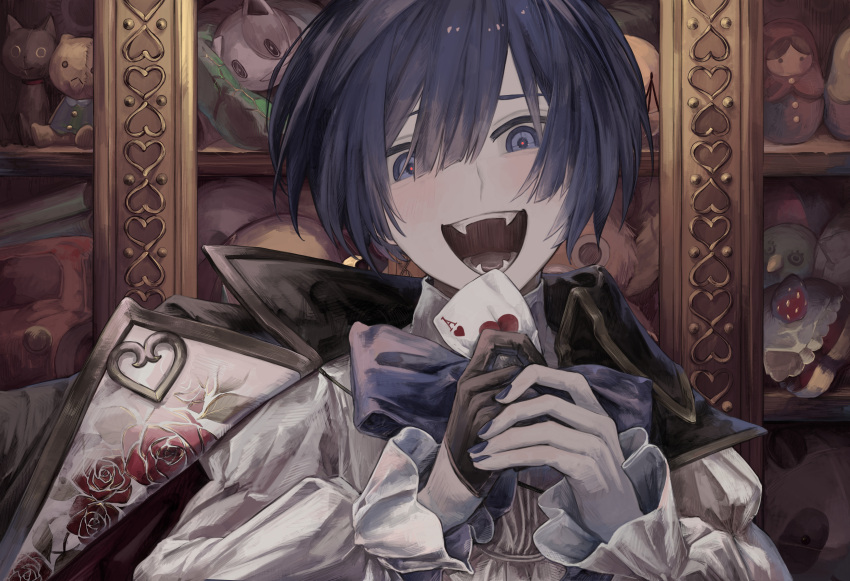 1boy absurdres black_gloves blue_eyes blue_hair blue_nails blush card commentary crazy_eyes dark_blue_hair doll facing_viewer fangs frilled_sleeves frills gloves hair_between_eyes half_gloves highres holding holding_card ill_0619 jacket jacket_on_shoulders kaito_(vocaloid) looking_at_viewer male_focus matryoshka_doll nail_polish open_mouth pale_skin playing_card portrait shelf shirt short_hair smile solo stuffed_toy vocaloid white_shirt