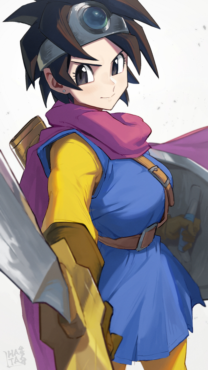 black_eyes blue_tunic brown_hair dragon_quest dragon_quest_iii foreshortening hata4564 headpiece heroine_(dq3) highres holding holding_shield holding_sword holding_weapon looking_at_viewer pink_scarf scarf shield sword weapon