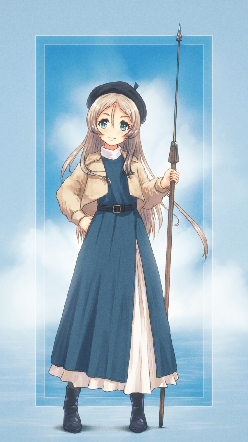 1girl absurdres alternate_costume belt blue_background blue_eyes blue_headwear blush boots brown_jacket clouds cloudy_sky dress full_body grey_hair hat highres jacket javelin_(kancolle) kantai_collection long_hair long_skirt looking_at_viewer pilum polearm skirt sky smile solo standing vorisar weapon