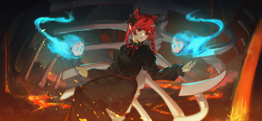 1girl animal_ear_fluff animal_ears black_bow black_dress blunt_bangs bow bowtie braid cat_ears dress embers extra_ears hair_bow hitodama kaenbyou_rin long_hair long_sleeves looking_at_creature molten_rock non-web_source official_art parted_lips pointy_ears red_bow red_bowtie red_eyes redhead second-party_source skull smile solo spine touhou touhou_gensou_eclipse twin_braids underground watori_re