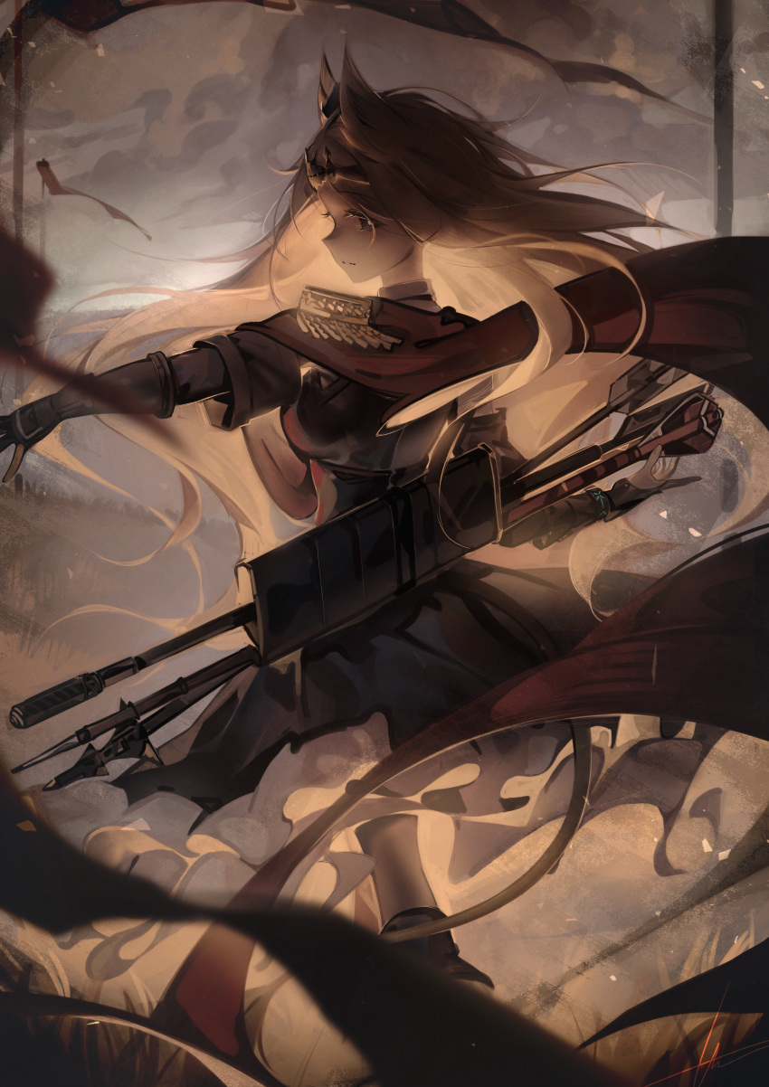 1girl absurdres archetto_(arknights) arknights arrow_(projectile) black_dress black_gloves brown_hair cape dress epaulettes feet_out_of_frame from_side gloves highres long_sleeves profile quiver red_cape ribiadan smoke solo tiara
