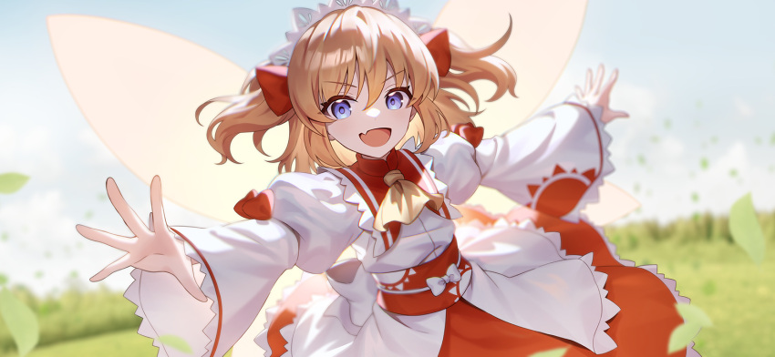 :d ascot back_bow blonde_hair blue_eyes blurry blurry_background blush bow clouds day fairy_wings fang grass hair_between_eyes hair_bow long_sleeves looking_at_viewer medium_hair non-web_source official_art open_mouth outstretched_arms red_bow red_skirt second-party_source shirt short_twintails skin_fang skirt sky smile sunny_milk touhou touhou_gensou_eclipse tree twintails u_u_zan white_bow white_shirt wide_sleeves wings yellow_ascot