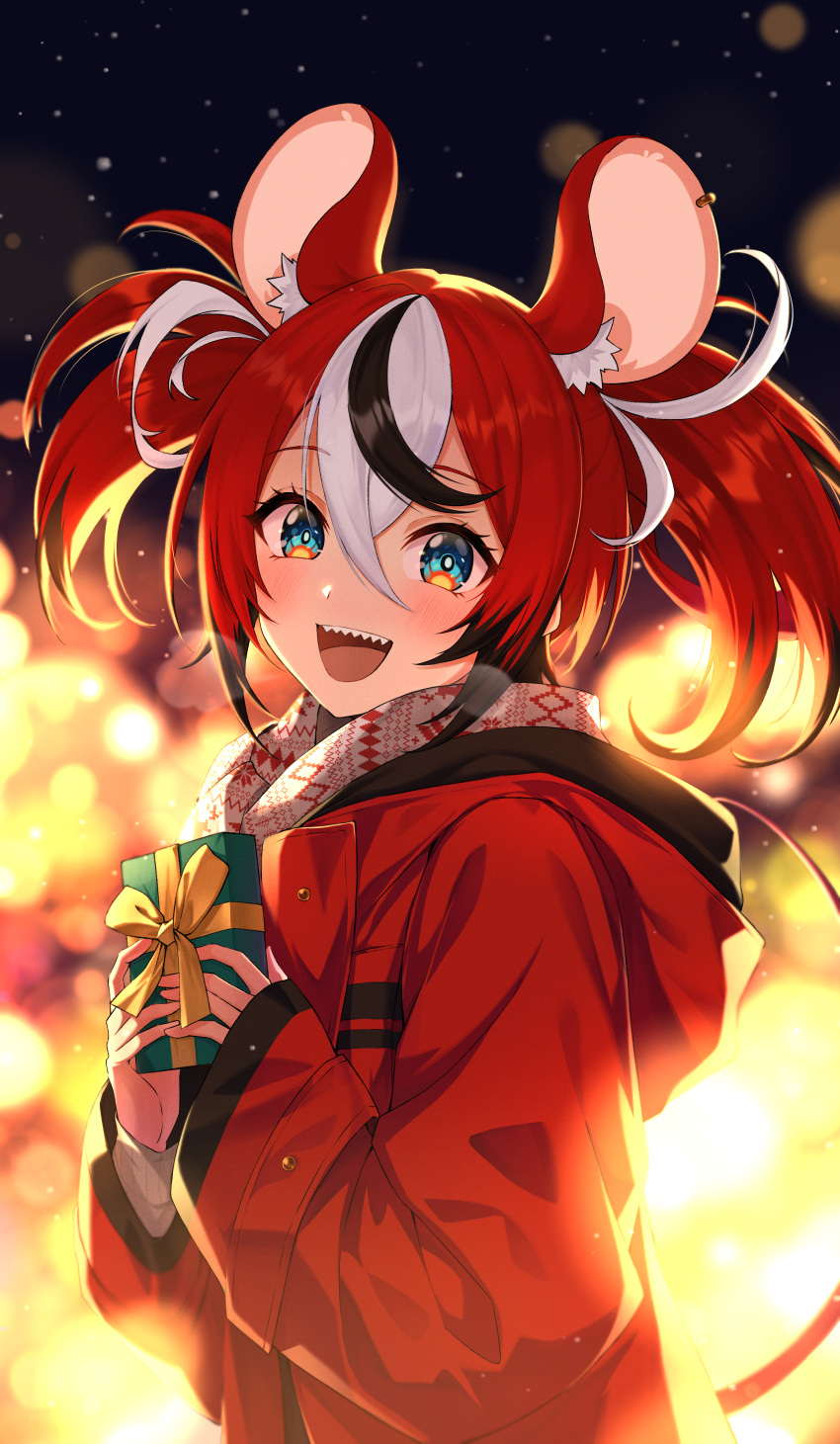 1girl absurdres animal_ears blue_eyes coat commentary corsetman gift hakos_baelz highres holding holding_gift hololive hololive_english mouse_ears mouse_tail multicolored_hair night redhead scarf sharp_teeth streaked_hair tail teeth twintails virtual_youtuber winter_clothes winter_coat