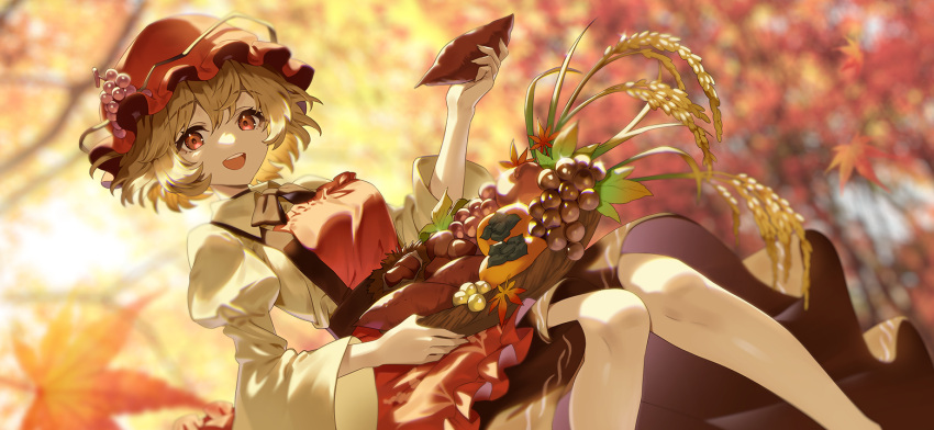 1girl :d acorn aki_minoriko apron autumn_leaves basket black_bow black_skirt blonde_hair blurry blurry_background bow bowtie food fruit grape_hat_ornament grapes hat holding holding_basket leaf long_sleeves looking_at_viewer maple_leaf mob_cap non-web_source official_art open_mouth orange_(fruit) red_apron red_eyes red_headwear second-party_source shirt short_hair skirt smile sweet_potato teeth touhou touhou_gensou_eclipse tree u_u_zan upper_teeth_only wheat white_shirt wide_sleeves
