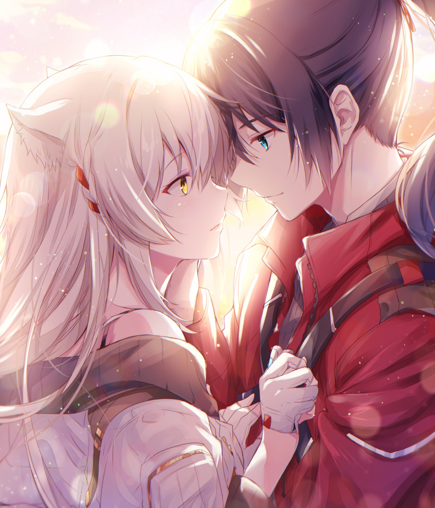 1boy 1girl animal_ear_fluff animal_ears black_hair blue_eyes cat_ears closed_mouth commentary_request eye_contact from_side gloves grey_hair hair_between_eyes half_gloves hand_on_another's_face hetero highres jacket long_hair looking_at_another mio_(xenoblade) noah_(xenoblade) off_shoulder ponytail profile red_jacket smile ui_frara very_long_hair white_gloves white_jacket xenoblade_chronicles_(series) xenoblade_chronicles_3 yellow_eyes