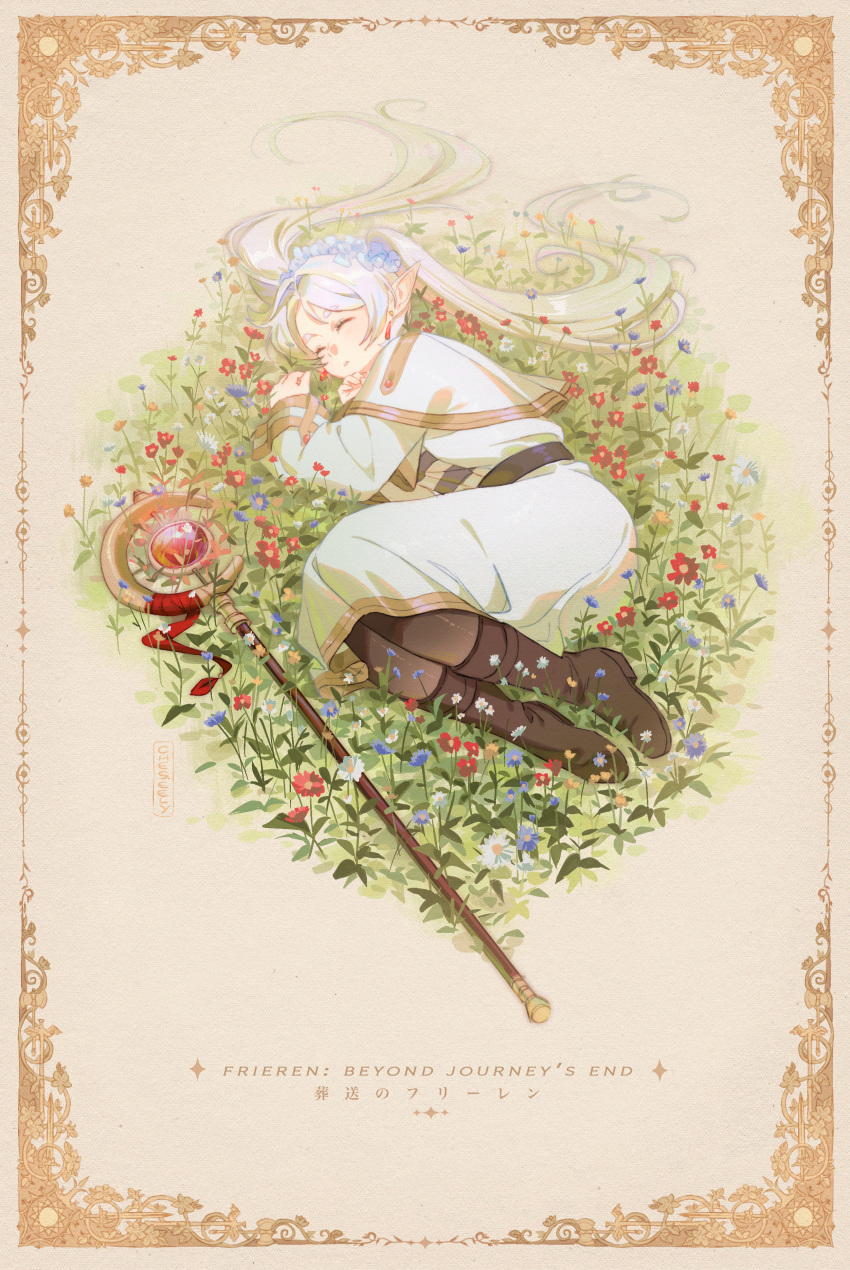 1girl absurdres artist_name belt black_footwear black_pantyhose blue_flower boots border brown_background capelet character_name cheseely closed_eyes copyright_name dress earrings elf english_text fetal_position field flower flower_field flower_wreath frieren from_above full_body hair_over_shoulder head_wreath highres jewelry knee_boots long_hair long_sleeves lying on_ground on_side pantyhose pointy_ears red_flower red_ribbon ribbon shirt simple_background sleeping sousou_no_frieren staff striped striped_shirt twintails very_long_hair white_capelet white_dress white_flower white_hair