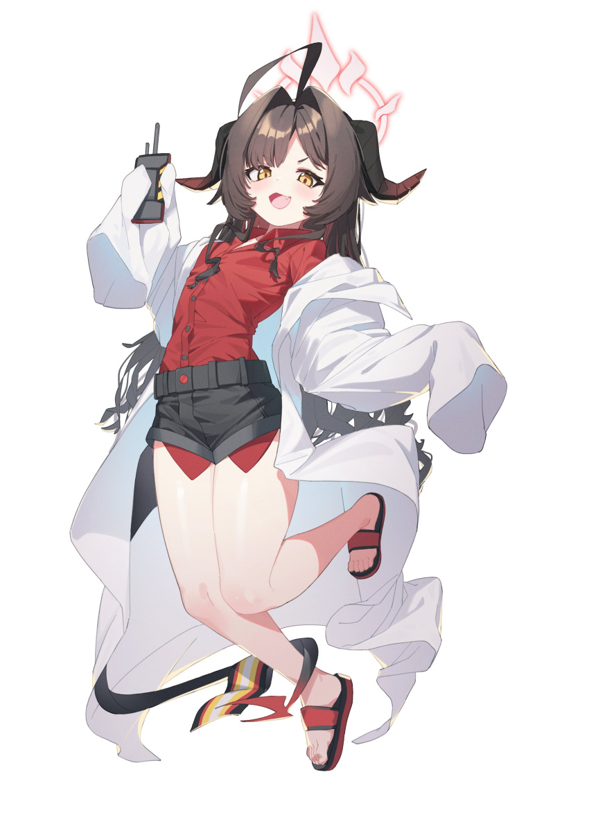 1girl absurdres ahoge black_shorts blue_archive brown_hair coat collared_shirt demon_tail fang full_body gloves hair_intakes halo highres holding horns kasumi_(blue_archive) lab_coat long_hair long_sleeves looking_at_viewer mosou_keito open_mouth red_shirt sandals shirt shirt_tucked_in short_shorts shorts simple_background sleeves_past_fingers sleeves_past_wrists smile solo tail white_background white_coat yellow_eyes