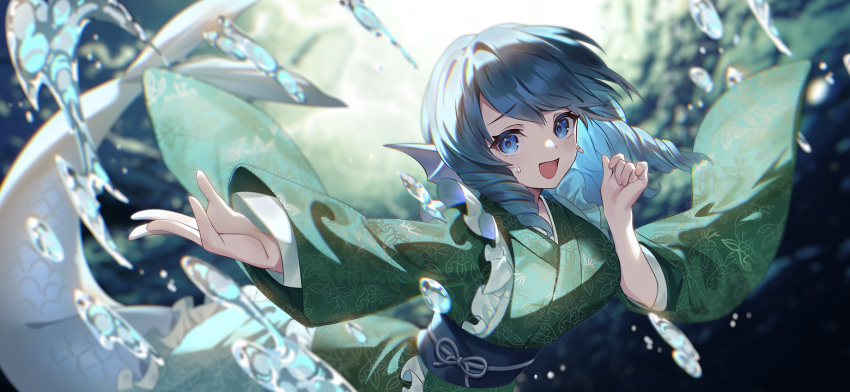 1girl :d blue_eyes blue_hair bubble drill_hair fins green_kimono hands_up head_fins japanese_clothes kimono long_sleeves looking_at_viewer medium_hair mermaid monster_girl non-web_source obi official_art open_mouth outstretched_arm raised_eyebrows sash scales second-party_source smile solo touhou touhou_gensou_eclipse u_u_zan underwater wakasagihime wide_sleeves
