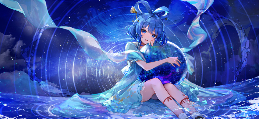 1girl :d \||/ blue_dress blue_eyes blue_hair blush clouds dress feet_out_of_frame fingernails hair_ornament hair_rings hair_stick holding_orb hugging_object hutuu_(1121) kaku_seiga leg_ribbon looking_at_viewer night non-web_source official_art open_mouth puffy_short_sleeves puffy_sleeves red_ribbon ribbon ripples second-party_source short_hair short_sleeves sky smile soaking_feet solo star_(sky) starry_sky touhou touhou_gensou_eclipse water water_drop