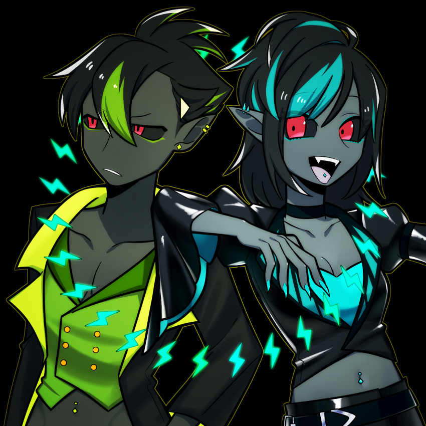1boy 1girl arm_on_another's_shoulder astalos belt black_background black_belt black_coat black_hair black_jacket black_pants black_sclera black_skin black_skirt blue_eyeliner blue_hair blue_nails boltreaver_astalos breasts brother_and_sister choker cleavage_cutout closed_mouth clothing_cutout coat colored_sclera colored_skin ear_piercing earrings eyeliner fangs frown green_eyeliner green_hair green_vest grey_skin highres jacket jewelry leather leather_jacket leather_skirt lightning_bolt_symbol long_sleeves looking_at_viewer looking_to_the_side makeup medium_breasts monster_hunter_(series) monster_hunter_xx multicolored_hair navel_cutout navel_piercing open_mouth pants personification piercing pointy_ears red_eyes ribbon_choker siblings skirt smile strapless stud_earrings tongue tongue_piercing tube_top two-tone_hair user_ttug5452 vest