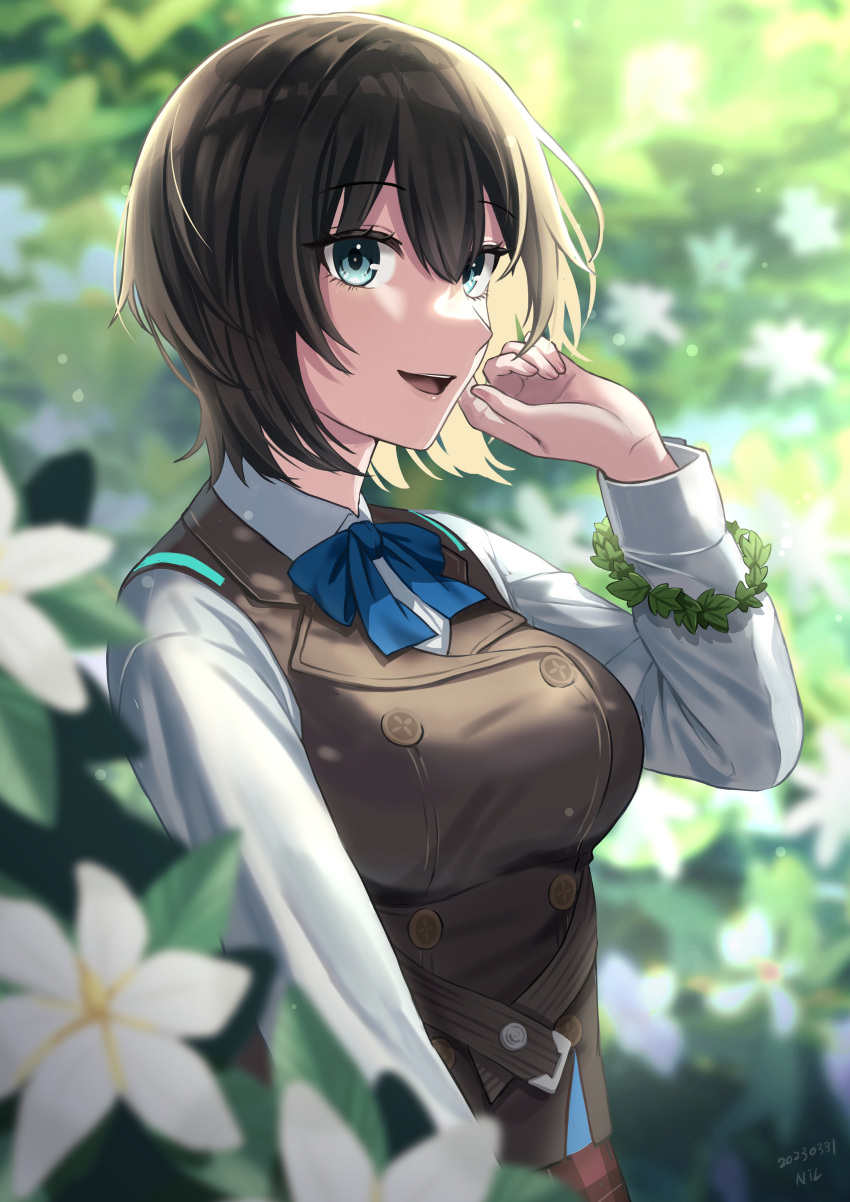 1girl absurdres aoi_erika blue_eyes blurry blurry_background blurry_foreground bow bowtie bracelet breasts brown_hair buttons collared_shirt double-breasted flower hand_up heaven_burns_red highres jewelry large_breasts leaf leaf_bracelet long_sleeves looking_at_viewer nil_(pixiv_53614557) open_mouth shirt short_hair smile solo vest