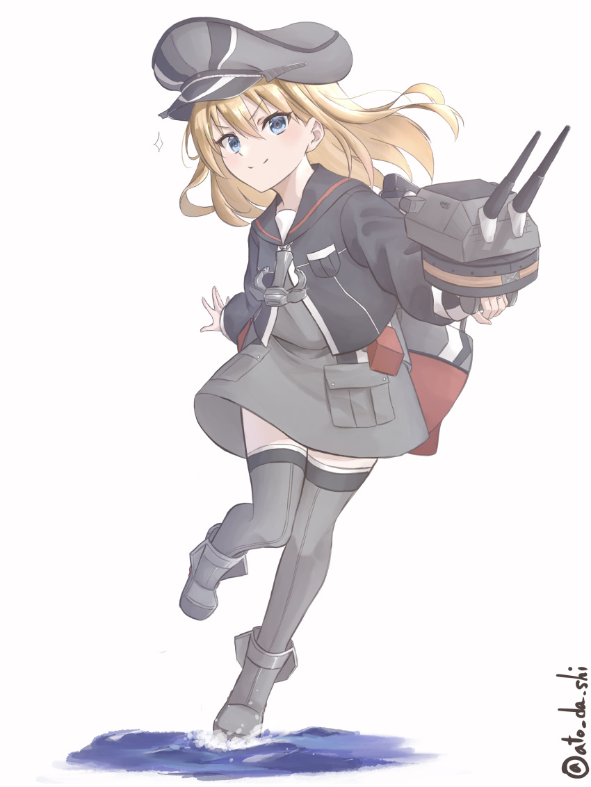 1girl absurdres adapted_turret aged_down anchor atodashi bismarck_(kancolle) blonde_hair blue_eyes cannon dress full_body grey_dress grey_thighhighs hat highres kantai_collection long_hair long_sleeves military_hat peaked_cap rigging smile solo standing standing_on_liquid thigh-highs