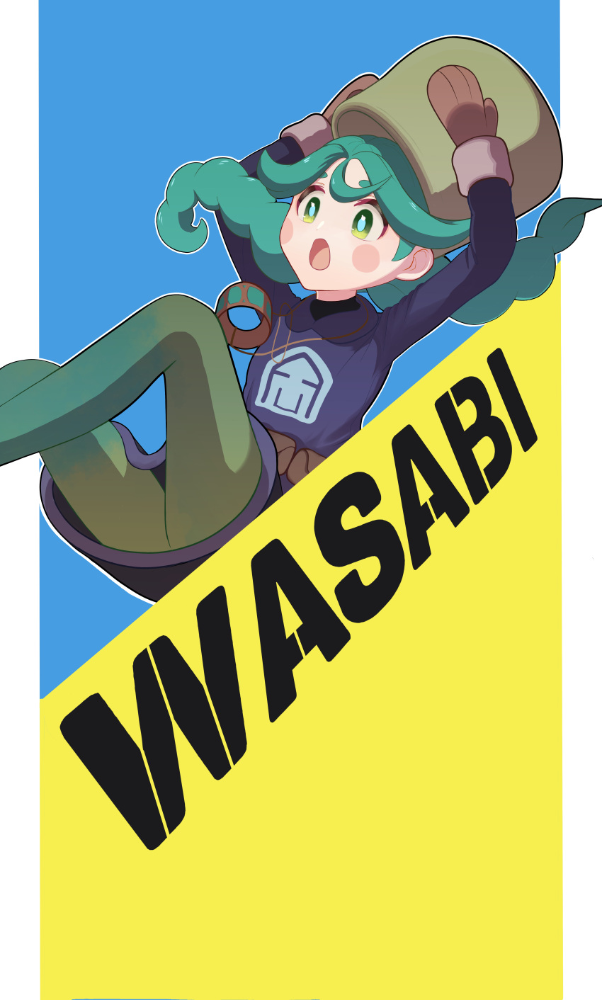 1girl :o absurdres arms_up black_skirt blue_pupils blush_stickers bracelet brown_mittens character_name commentary_request green_eyes green_hair green_headwear green_pantyhose hat highres holding holding_clothes holding_hat jacket jewelry konomaru_(zassou_pastime) long_hair long_sleeves mittens open_mouth pantyhose pokemon pokemon_legends:_arceus sabi_(pokemon) skirt solo twintails