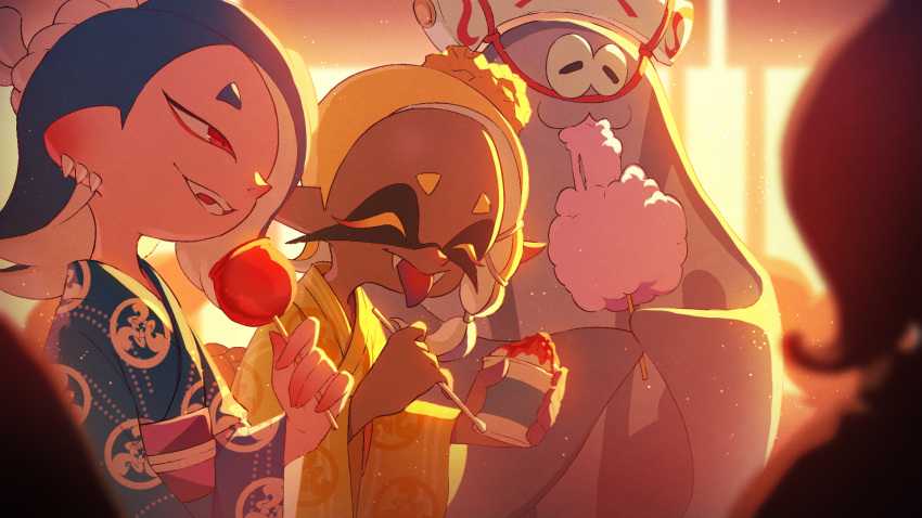 1boy 2girls :3 asymmetrical_hair big_man_(splatoon) blonde_hair blue_hair blue_kimono candy_apple closed_mouth colored_eyelashes colored_skin cotton_candy dark-skinned_female dark_skin earrings eating eyeliner fangs fangs_out food food_on_head forehead frye_(splatoon) gradient_hair gradient_skin hachimaki headband highres hokkamuri holding japanese_clothes jewelry kimono light_particles makeup manta_ray multicolored_hair multicolored_skin multiple_earrings multiple_girls nejiri_hachimaki obi object_on_head open_mouth pink_sash pointy_ears purple_hair purple_skin red_eyeliner red_eyes red_skin sash shaved_ice shiver_(splatoon) short_eyebrows smile splatoon_(series) splatoon_3 teeth tempura tentacle_hair teo_(teorekka) tongue tongue_out tooth_earrings two-tone_hair two-tone_skin wide_sleeves yellow_kimono