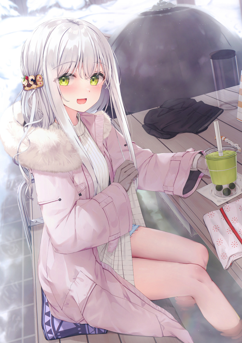 1girl :d absurdres ashiyu blurry blurry_background breasts brown_gloves commentary_request cup day depth_of_field disposable_cup drink drinking_straw food-themed_hair_ornament fur-trimmed_jacket fur_trim gloves green_eyes hair_between_eyes hair_ornament highres jacket long_sleeves looking_at_viewer open_clothes open_jacket original outdoors pink_jacket ribbed_sweater small_breasts smile snow solo sweater tsuchikure turtleneck turtleneck_sweater water white_hair white_sweater wide_sleeves