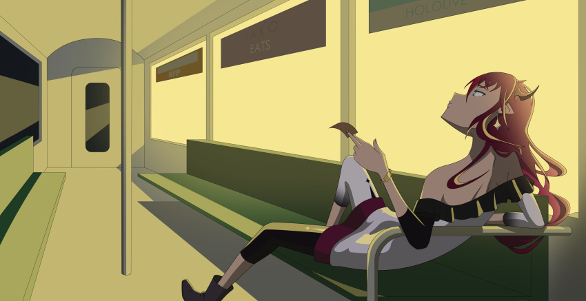 1girl absurdres alternate_costume ankle_boots bare_shoulders boots closed_mouth earrings frills hair_between_eyes highres holding horns jewelry knee_up leaning_back lying nail_polish on_back pointy_ears redhead sitting solo sunset train_interior