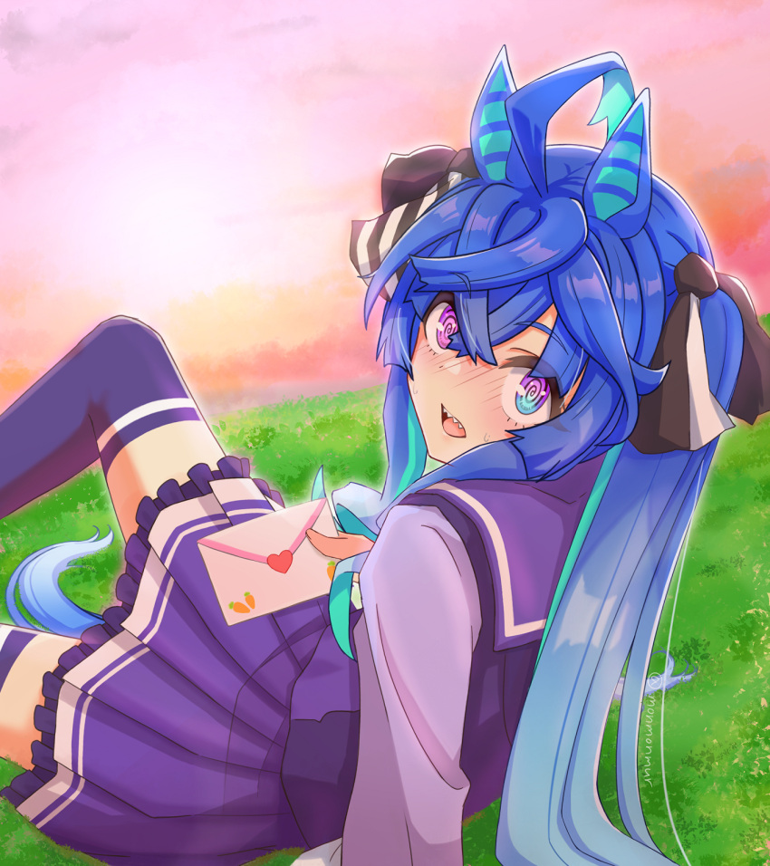 1girl @_@ ahoge animal_ears aqua_hair blue_eyes blue_hair blush bow commentary_request crossed_bangs grass hair_between_eyes hair_bow heterochromia highres holding holding_letter horse_ears horse_girl horse_tail knee_up letter long_hair long_sleeves looking_at_viewer looking_back love_letter monmonmur multicolored_hair nose_blush on_grass on_ground open_mouth orange_sky outdoors pleated_skirt purple_sailor_collar purple_shirt purple_skirt purple_thighhighs reclining sailor_collar school_uniform sharp_teeth shirt sidelocks skirt sky solo striped striped_bow sunset tail teeth thigh-highs tracen_school_uniform twin_turbo_(umamusume) twintails twitter_username two-tone_hair umamusume upper_teeth_only violet_eyes