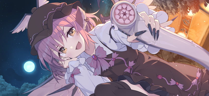 :d animal animal_ears bird_wings black_nails bow bowtie brown_dress brown_eyes brown_headwear brown_thighhighs collarbone dress earrings eel feathered_wings fingernails full_moon holding holding_animal jewelry long_fingernails long_sleeves looking_at_viewer moon mystia_lorelei night night_sky non-web_source official_art open_mouth outdoors pink_bow pink_bowtie second-party_source sharp_fingernails shirt sky sleeveless sleeveless_dress smile star_(sky) starry_sky tam-u thigh-highs touhou touhou_gensou_eclipse tree white_shirt winged_hat wings