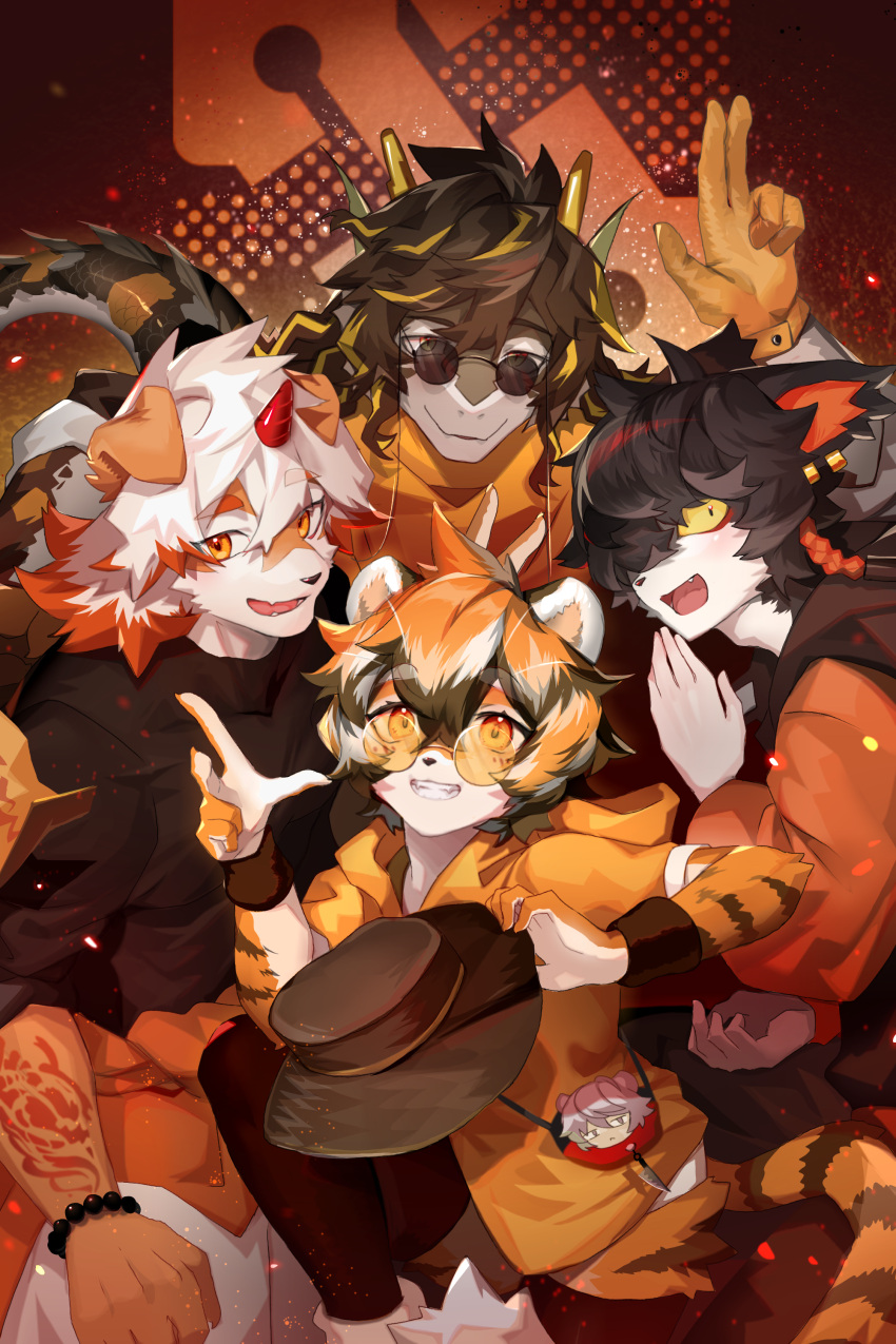 1girl 4boys aak_(arknights) absurdres animal_ears arknights bear_boy black_bracelet black_headwear black_shirt black_wristband braid chinese_commentary clothes_around_waist colored_tips commentary_request dragon_boy dragon_ears dragon_horns ear_piercing fins fish_tail furry furry_female furry_male gloves hair_over_one_eye highres horns hung_(arknights) jacket jacket_around_waist jaye_(arknights) knife lee_(arknights) looking_at_viewer multicolored_hair multiple_boys one_eye_covered orange_jacket orange_scarf piercing round_eyewear scarf shabi96522 shirt single_horn smile sunglasses tail tiger_ears tiger_stripes tiger_tail waai_fu_(arknights) yellow_gloves