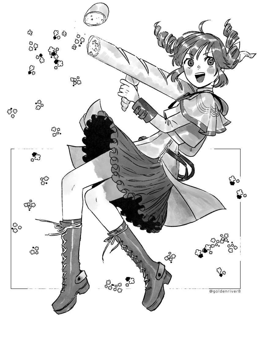 1girl ahoge artist_name baguette boots bread commentary cross-laced_footwear drill_hair floating_hair flower flower_(symbol) food food-themed_weapon frilled_skirt frills from_side full_body goldenriver8 greyscale highres holding holding_rocket_launcher holding_weapon jacket kasane_teto kasane_teto_(sv) knee_boots layered_skirt long_sleeves looking_at_viewer looking_to_the_side medium_hair monochrome open_mouth rocket_launcher shoulder_strap sidelocks skirt sleeve_cuffs smile solo synthesizer_v twin_drills uniform utau v-shaped_eyebrows weapon