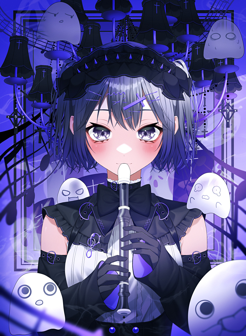 1girl absurdres blush bow bowtie center_frills chandelier commentary cross_hair_ornament detached_sleeves flute frilled_shirt_collar frills ghost grey_eyes hair_ornament hairband hairclip highres holding holding_instrument instrument lolita_hairband long_sleeves looking_at_viewer music musical_note original playing_instrument purple_hair purple_theme recorder shirt short_hair sleeveless sleeveless_shirt smile solo staff_(music) straight-on symbol-only_commentary two_side_up underbust upper_body wanko_(yurika0320)