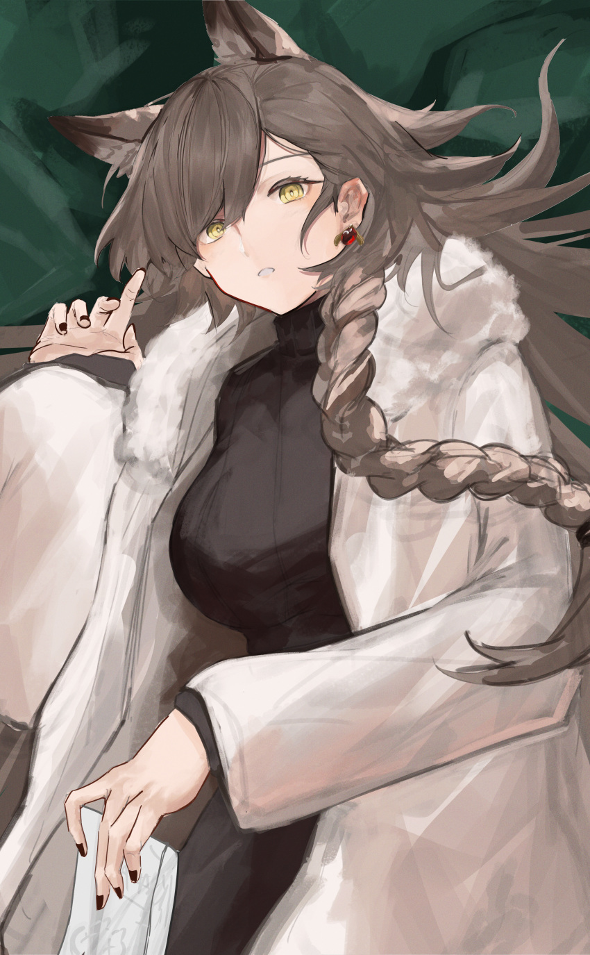 1girl absurdres animal_ears arknights black_nails black_sweater blush braid breasts brown_hair coat earrings extra_ears fur-trimmed_coat fur_trim hair_between_eyes hair_spread_out highres hrk_(dxez4457) jewelry large_breasts long_hair looking_at_viewer official_alternate_costume open_clothes open_coat parted_lips penance_(arknights) penance_(occasionally_flushed)_(arknights) solo sweater very_long_hair white_coat winter_clothes winter_coat wolf_ears wolf_girl