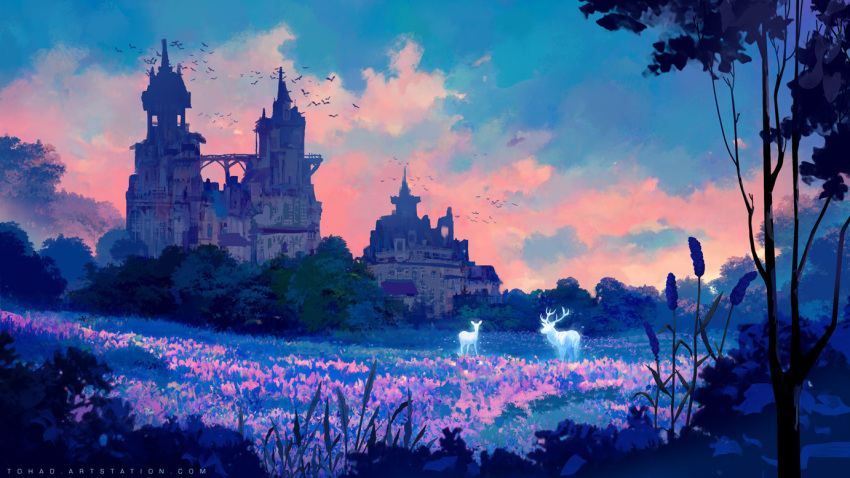artist_name blue_sky building castle clouds commentary deer english_commentary evening fantasy flock from_side glowing glowing_animal grass landscape meadow no_humans orange_clouds original outdoors scenery simple_bird sky sylvain_sarrailh tree