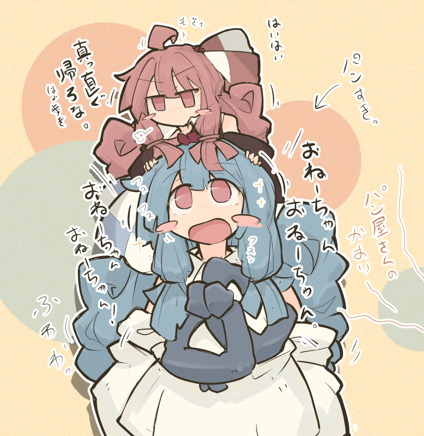 2girls absurdres ahoge black_sleeves blue_ribbon blush_stickers chibi collared_dress commentary_request curly_hair detached_sleeves dress hair_ribbon highres jitome kotonoha_akane kotonoha_aoi large_ribbon long_hair looking_at_another looking_up low-tied_sidelocks multiple_girls neck_ribbon no_mouth on_head open_mouth outline puff_of_air red_eyes redhead ribbon sheila_ship2 siblings sidelocks sisters sleeveless sleeveless_dress standing translation_request voiceroid white_dress white_outline yellow_background