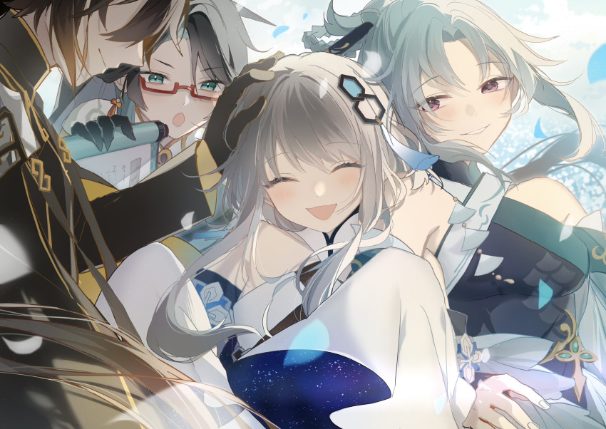 1boy 3girls :o aqua_eyes bare_shoulders black_gloves black_hair blue_flower blush breasts brown_hair chinese_clothes cloud_retainer_(genshin_impact) dress falling_petals flower genshin_impact gloves green_hair grey_hair guizhong_(genshin_impact) hair_between_eyes hair_ornament hand_on_another's_head headpat highres hoshiyui_tsukino long_hair long_sleeves madame_ping_(genshin_impact) medium_breasts multicolored_hair multiple_girls official_alternate_costume open_mouth petals red-framed_eyewear scroll semi-rimless_eyewear short_hair sidelocks sleeves_past_fingers sleeves_past_wrists smile tassel tassel_hair_ornament two-tone_hair violet_eyes white_dress wide_sleeves xianyun_(genshin_impact) zhongli_(genshin_impact)