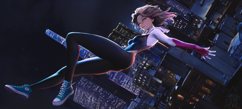 1girl absurdres artmong blonde_hair blue_eyes bodysuit breasts cityscape falling from_side highres hood hood_down hooded_bodysuit marvel medium_hair multicolored_bodysuit multicolored_clothes night print_bodysuit shoes smile sneakers solo spider-gwen spider-man_(series) spider_web_print superhero tight_clothes two-tone_bodysuit
