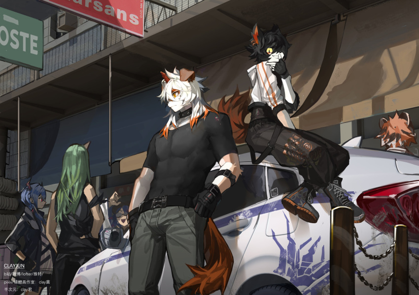 3boys 3girls aak_(arknights) absurdres animal_ears arknights armband artist_name black_armband black_shirt ch'en_(arknights) chinese_commentary clay_(clayjun) collar colored_tips commentary_request demon_girl dragon_girl dragon_horns fingerless_gloves furry furry_female furry_male gloves hand_on_own_hip highres horns hoshiguma_(arknights) hung_(arknights) leaning_against_vehicle looking_at_another looking_at_viewer looking_to_the_side mr._nothing_(arknights) multicolored_hair multiple_boys multiple_girls on_vehicle oni oni_horns orange_eyes red_eyes shirt single_horn sleeveless sleeveless_shirt spiked_collar spikes tail tiger_girl waai_fu_(arknights)