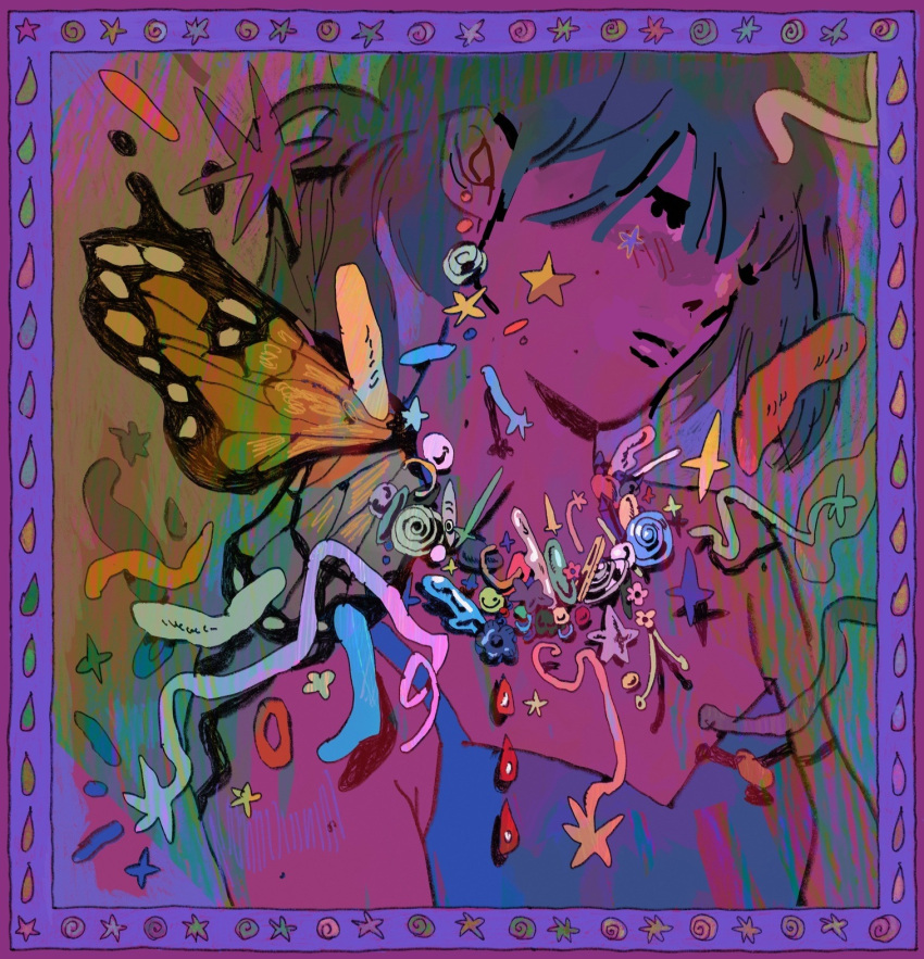 1girl border bug butterfly closed_mouth commentary earrings english_commentary highres jewelry long_hair monarch_butterfly necklace original ponytail procreate_(medium) solo soupandcats star_(symbol) upper_body