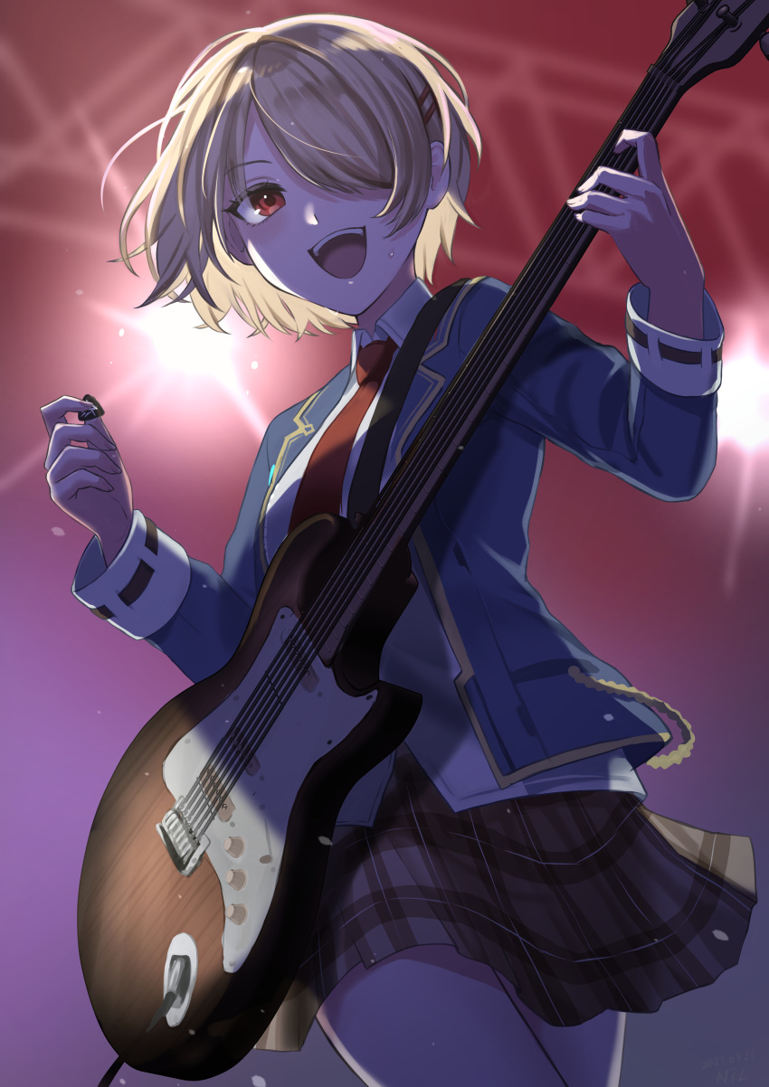 1girl absurdres blazer blonde_hair collared_shirt electric_guitar guitar hair_ornament hair_over_one_eye hairclip heaven_burns_red highres holding holding_instrument holding_plectrum instrument jacket kayamori_ruka long_sleeves looking_to_the_side music necktie nil_(pixiv_53614557) open_mouth orange_eyes plaid plaid_skirt playing_instrument plectrum school_uniform shirt skirt smile solo stage_lights