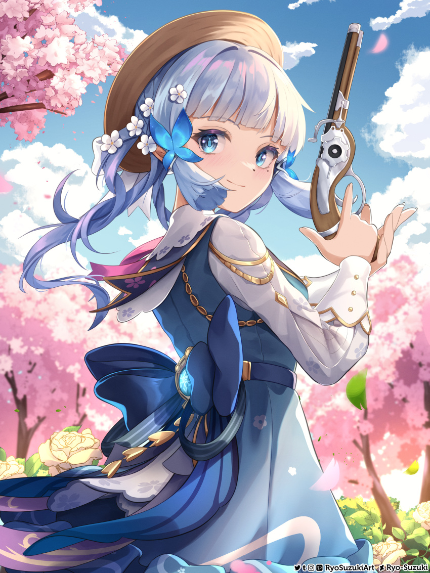 1girl absurdres antique_firearm artist_name blue_butterfly blue_dress blue_eyes blue_hair blue_sky blunt_bangs blunt_tresses blush braid braided_hair_rings branch brown_headwear bug butterfly butterfly_hair_ornament cherry_blossoms closed_mouth clouds collar commentary_request day dress english_commentary falling_petals flower genshin_impact gun hair_flower hair_ornament handgun hat hat_flower highres holding holding_gun holding_weapon kamisato_ayaka kamisato_ayaka_(springbloom_missive) light_blue_hair long_sleeves looking_at_viewer mixed-language_commentary mole mole_under_eye multicolored_clothes multicolored_dress official_alternate_costume official_alternate_hairstyle outdoors petals puffy_long_sleeves puffy_sleeves ribbon ryo-suzuki sidelocks sky smile solo tree upper_body vision_(genshin_impact) weapon white_collar