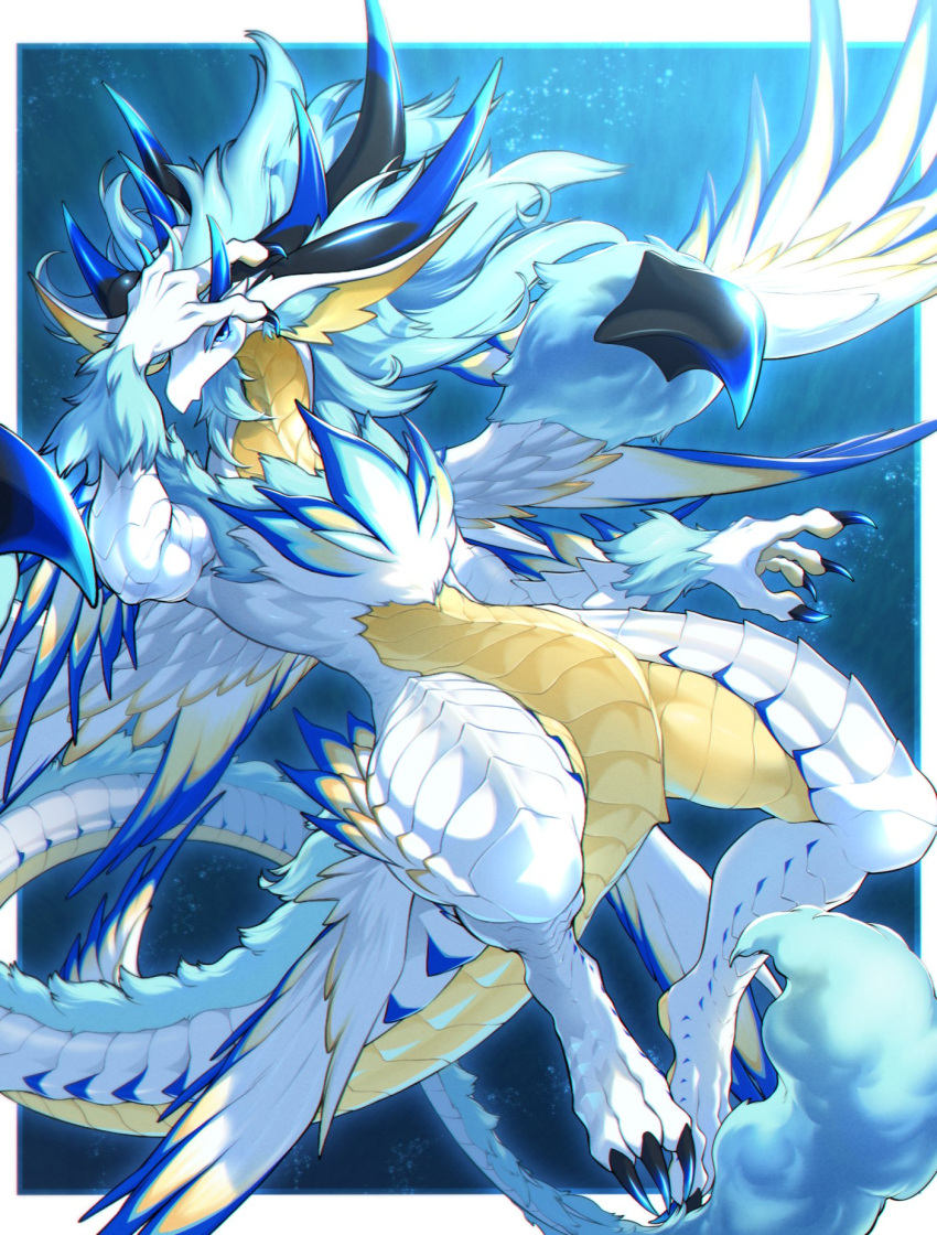 1girl blue_eyes blue_hair claws commentary_request dragalia_lost dragon_girl dragon_horns dragon_tail dragon_wings feathered_wings furry furry_female hand_on_own_head highres horns looking_at_viewer paripoi_(dragoooon1223) styx_(dragalia_lost) tail underwater wings