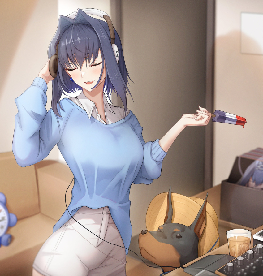 1girl absurdres alternate_costume black_hair blue_hair blue_sweater bow bow_earrings closed_eyes couch dog earrings food headphones highres holding holding_food holding_popsicle hololive hololive_english jewelry open_mouth ouro_kronii popsicle shorts sweater virtual_youtuber white_shorts zenya