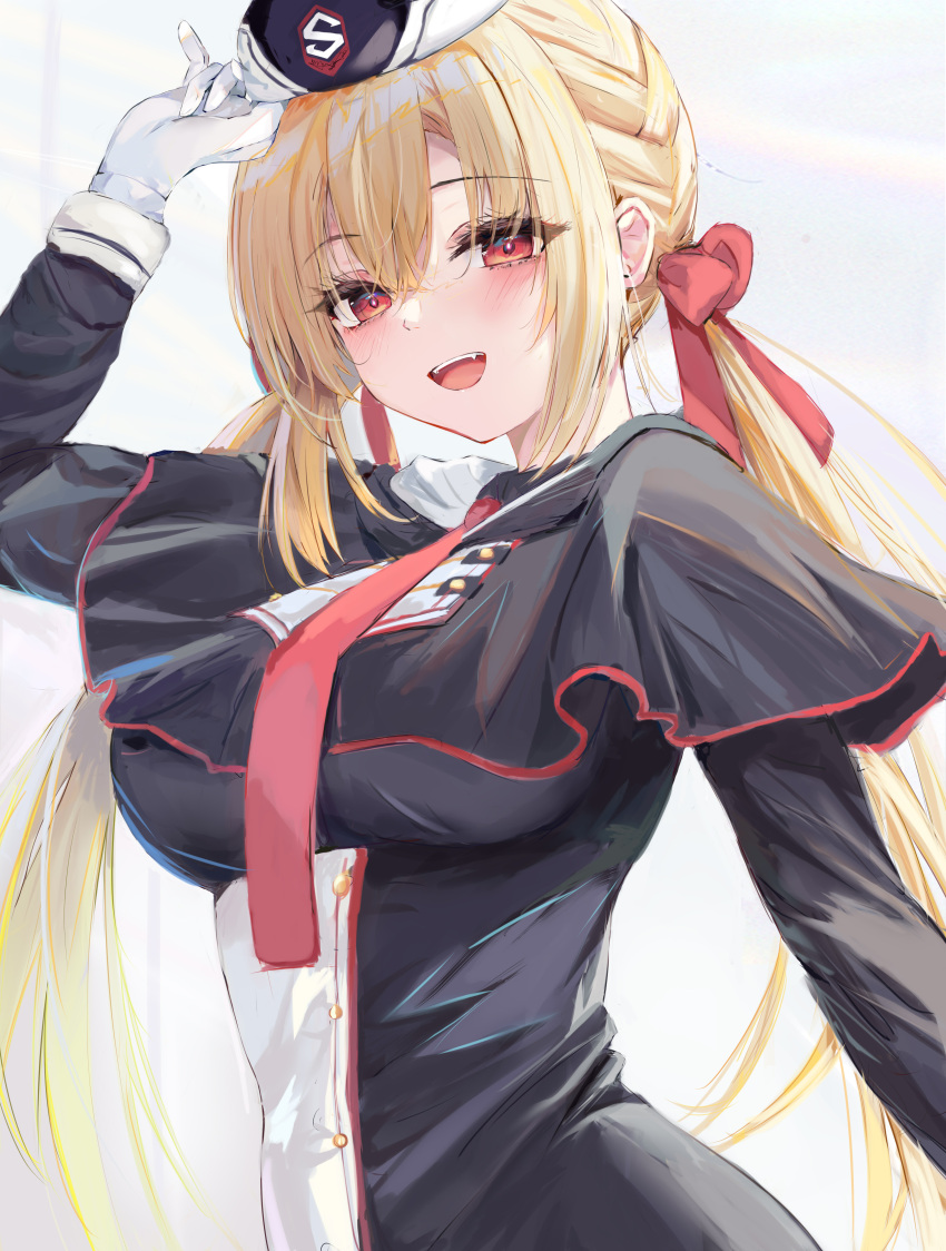 1girl :d absurdres adjusting_clothes adjusting_headwear arihara_nanami arm_at_side arm_up black_capelet black_headwear black_shirt blonde_hair blush bow braid breasts bright_pupils capelet chinese_commentary commentary_request crossed_bangs eyelashes eyes_visible_through_hair fang garrison_cap gloves hair_between_eyes hair_bow hair_ribbon hand_up hat highres impossible_clothes long_hair looking_at_viewer low_twintails lshiki medium_breasts necktie open_mouth red_bow red_eyes red_necktie red_ribbon revision ribbon riddle_joker shirt side_braid simple_background smile solo teeth tsurime twintails upper_body upper_teeth_only very_long_hair white_background white_gloves