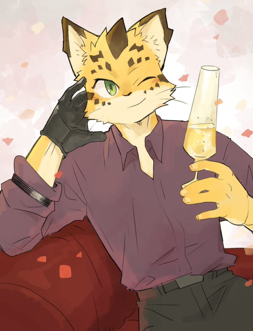 1boy absurdres alcohol animal_ears black_gloves black_pants champagne_flute commentary cup drinking_glass furry furry_male gloves green_eyes head_on_hand highres holding holding_cup jaguar_boy jaguar_ears korean_commentary looking_at_viewer male_focus one_eye_closed ose_(housamo) pants red_shirt shirt single_glove smile syukapong tokyo_afterschool_summoners whiskers young_ose_(housamo)