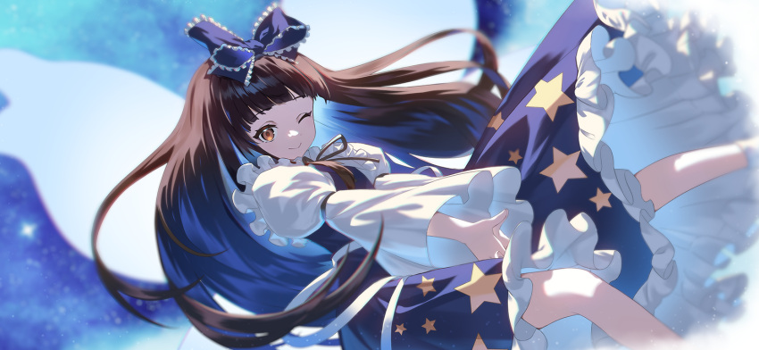 ;) black_ribbon blue_bow blue_dress blunt_bangs blurry blurry_background bow brown_eyes brown_hair closed_mouth dress fairy_wings floating_hair frilled_bow frilled_dress frills hair_bow long_hair long_sleeves looking_at_viewer neck_ribbon night night_sky non-web_source official_art one_eye_closed own_hands_together ribbon second-party_source shirt sky smile star_(sky) star_(symbol) star_print star_sapphire starry_sky touhou touhou_gensou_eclipse u_u_zan white_shirt wide_sleeves wings