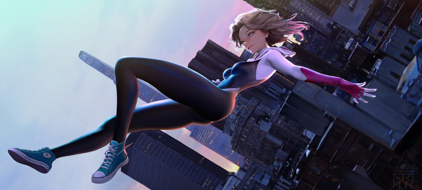 1girl absurdres artmong blonde_hair blue_eyes bodysuit breasts cityscape falling from_side highres hood hood_down hooded_bodysuit marvel medium_hair multicolored_bodysuit multicolored_clothes print_bodysuit shoes smile sneakers solo spider-gwen spider-man_(series) spider_web_print superhero tight_clothes twilight two-tone_bodysuit