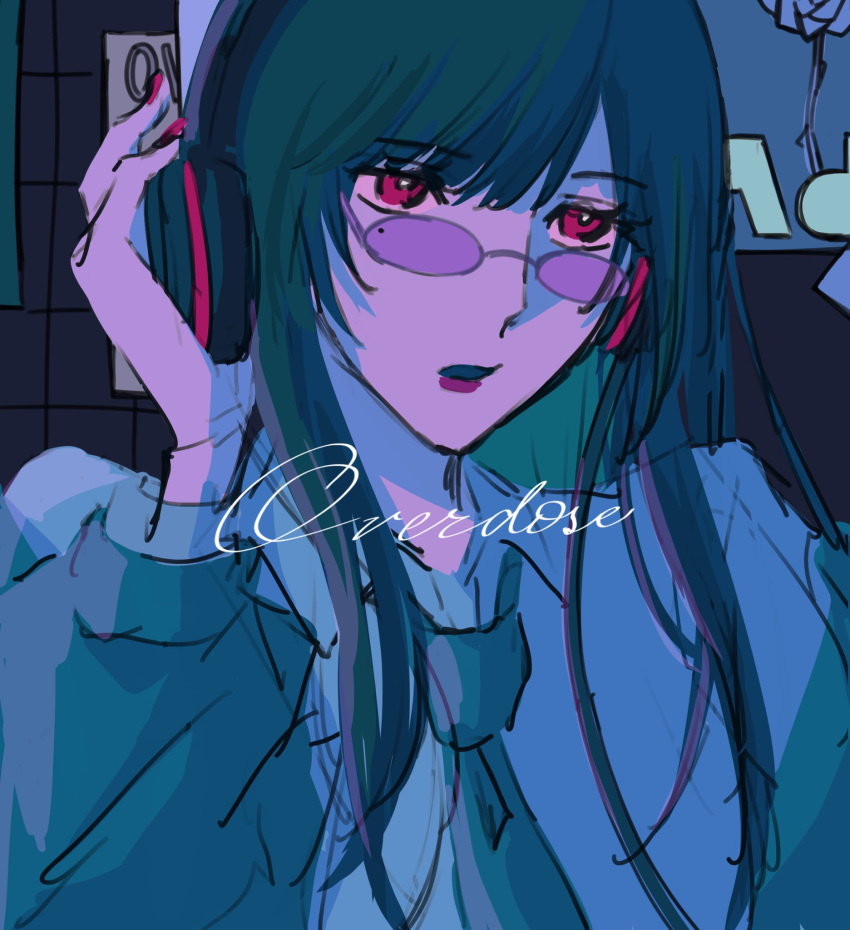 1girl ado_(utaite) blue_theme chando_(ado) cloud_nine_inc collared_shirt commentary_request glasses headphones highres long_hair long_sleeves looking_at_viewer mole mole_under_eye necktie overdose_(natori) red_eyes shirt sidelocks solo song_name spica_(spica5f9ea0) spot_color tinted_eyewear upper_body utaite