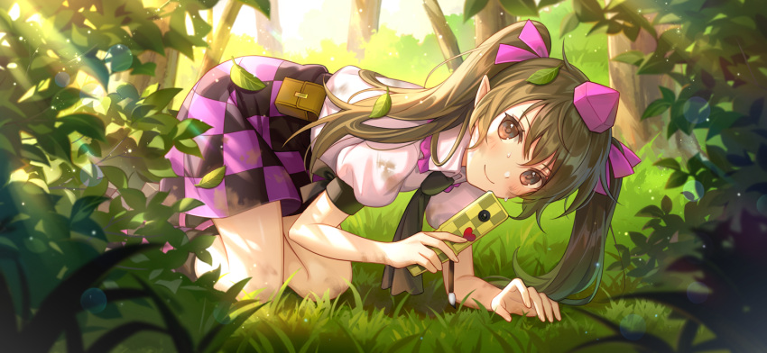 1girl all_fours black_necktie black_skirt blush brown_eyes brown_hair bush cellphone checkered_clothes checkered_skirt closed_mouth dirty dirty_clothes dirty_face flip_phone grass hair_ribbon hat himekaidou_hatate holding holding_brush holding_phone lazuri7 leaf light_rays long_hair looking_at_viewer necktie non-web_source official_art phone pink_headwear pink_ribbon pointy_ears puffy_short_sleeves puffy_sleeves purple_skirt ribbon second-party_source shirt short_sleeves skirt sleeve_cuffs smile solo sweat tokin_hat touhou touhou_gensou_eclipse tree twintails two-tone_skirt white_shirt