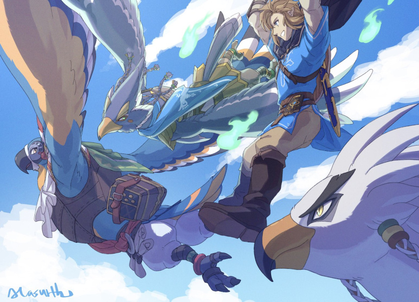 4boys aircraft bird_boy bird_wings blonde_hair blue_sky chinese_commentary clouds cloudy_sky commentary_request feathered_wings feathers furry furry_male ghost glider gliding kass link looking_at_another male_focus meganemido multiple_boys revali signature sky smile teba_(zelda) the_legend_of_zelda wings