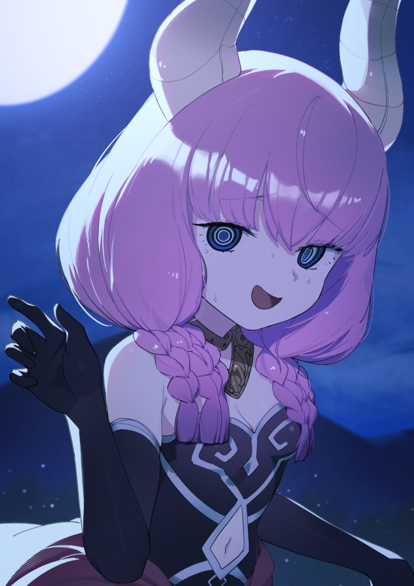 1girl @_@ aura_(sousou_no_frieren) bare_shoulders black_dress black_gloves blue_eyes braid breasts clothing_cutout dress elbow_gloves full_moon gloves highres horns jewelry looking_at_viewer moon mosou_keito navel navel_cutout neck_ring night night_sky open_mouth outdoors pink_hair sky small_breasts smile solo sousou_no_frieren strapless strapless_dress twin_braids