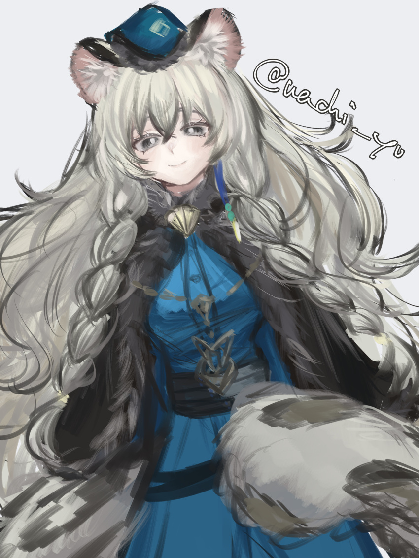 1girl absurdres animal_ear_fluff animal_ears arknights black_cape blue_dress blue_headwear blush braid breasts bright_pupils cape cowboy_shot dress dutch_angle grey_eyes grey_hair hair_between_eyes highres leopard_ears leopard_girl leopard_tail long_hair looking_at_viewer official_alternate_costume pramanix_(arknights) pramanix_(caster's_frost)_(arknights) side_braids simple_background sketch small_breasts smile solo tail twitter_username wachi_(wachi_yo) white_background white_pupils