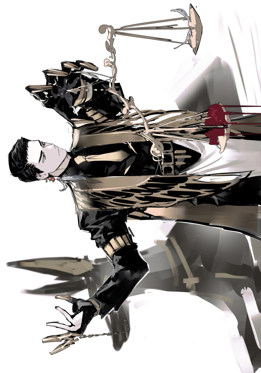 1boy black_hair blood claw_ring claws earrings gauntlets hair_slicked_back heart_(organ) highres jewelry limbus_company male_focus meursault_(project_moon) necktie project_moon remsrar scales sideways simple_background solo white_background yellow_necktie