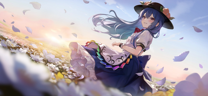 1girl apron black_headwear blue_hair blue_skirt blush bow bowtie clouds dutch_angle falling_petals field floating_hair flower flower_field food frilled_skirt frills from_side fruit hair_between_eyes hat hinanawi_tenshi leaf long_hair looking_at_viewer looking_to_the_side non-web_source official_art outdoors parted_lips peach peach_hat_ornament petals puffy_short_sleeves puffy_sleeves red_bow red_bowtie red_eyes second-party_source shirt short_sleeves skirt sky sleeve_cuffs smile solo sunset tocope touhou touhou_gensou_eclipse waist_apron white_apron white_flower white_shirt wrist_cuffs